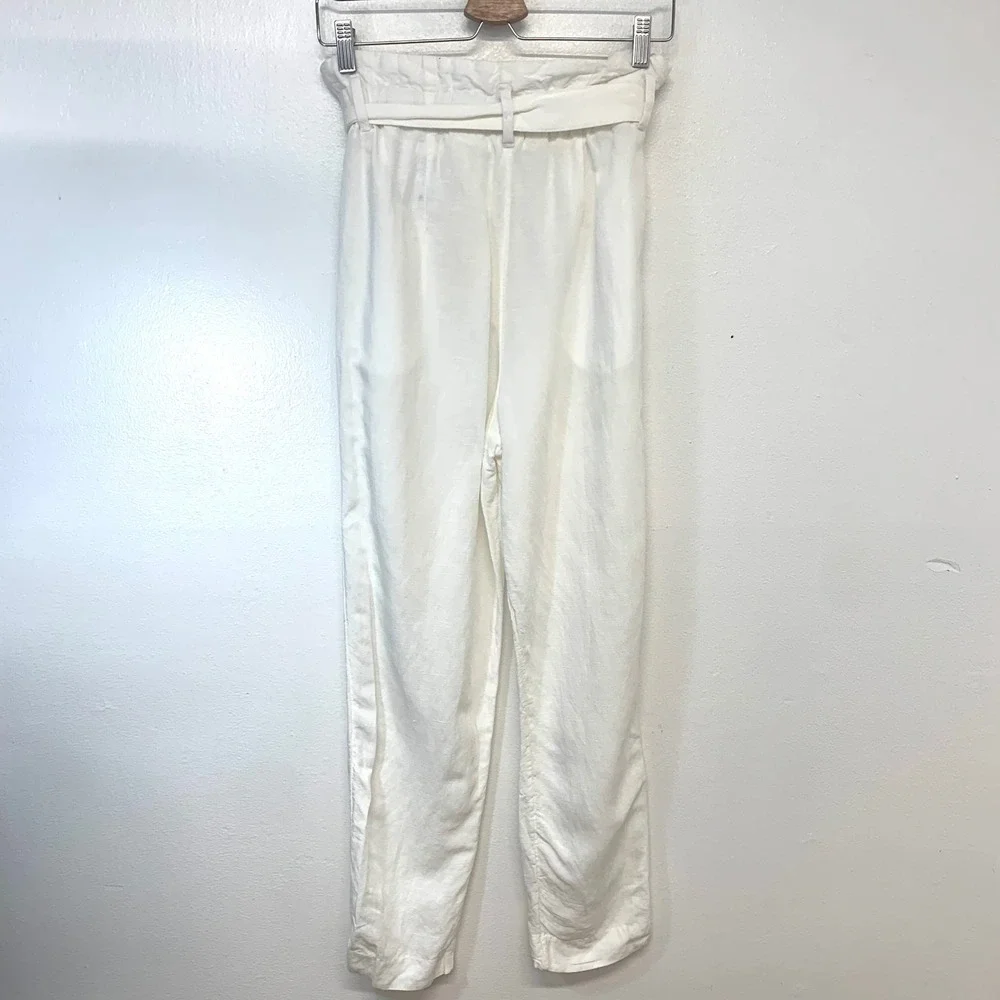 H&M White Linen Blend Paperbag High Rise Tie Belt Tapered Pants Size 4‎ Pockets